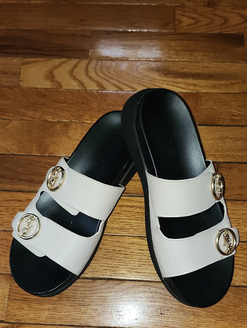Women Coach Gable Cream Gold Double-Strap Logo Medallions Slide Sandals; Size: 8